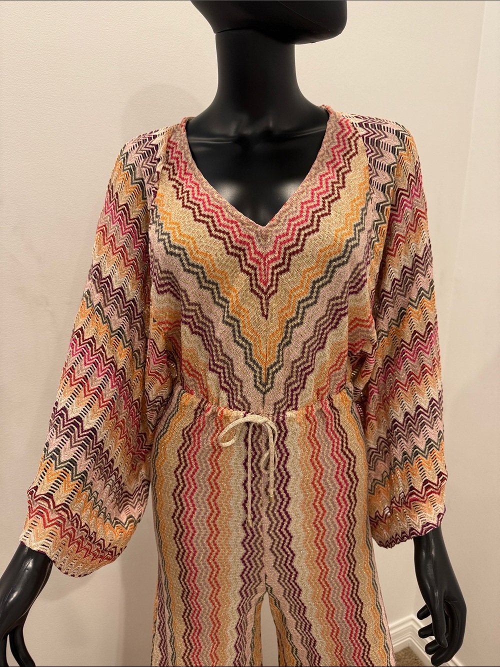 MISSONI Metallic Zigzag Knit Jumpsuit Palazzo Wide Leg Kimono Sleeves IT 40 New - Picture 2 of 15